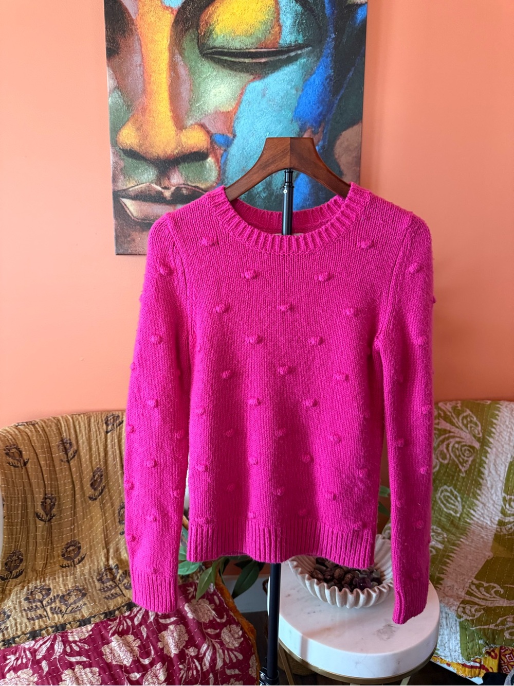Lucky Brand Women's Bright Pink Pom-Pom Crewneck Sweater